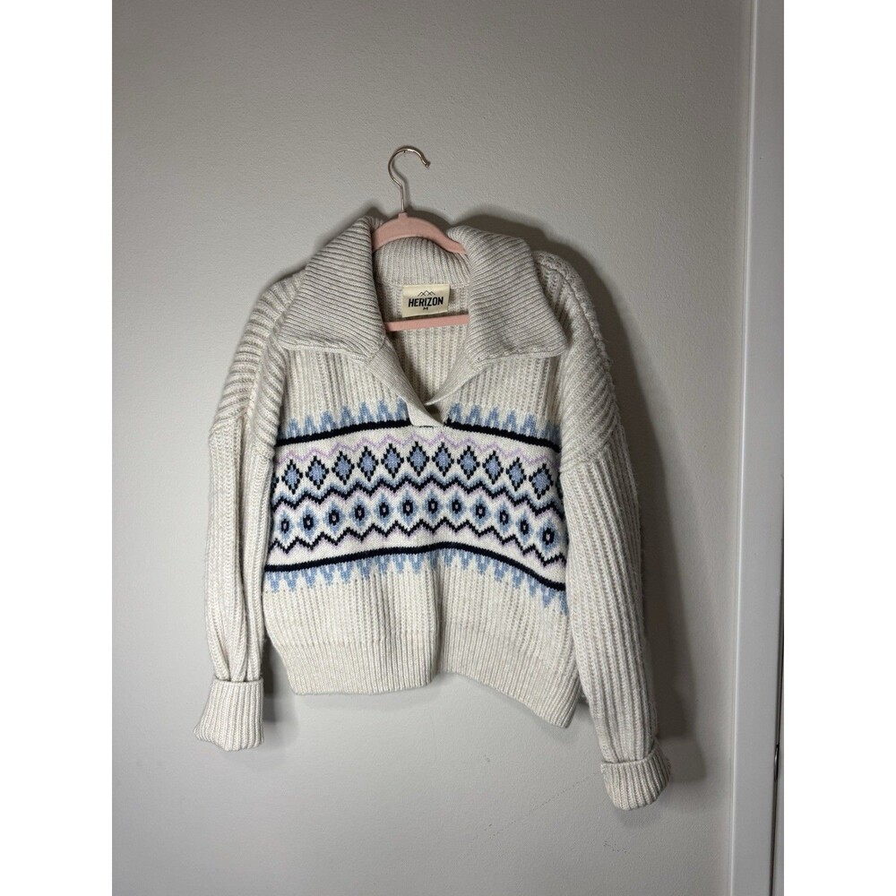 Herizon Ivory Navy Blue Knit Pullover Sweater Patterned V-Neck Collared M